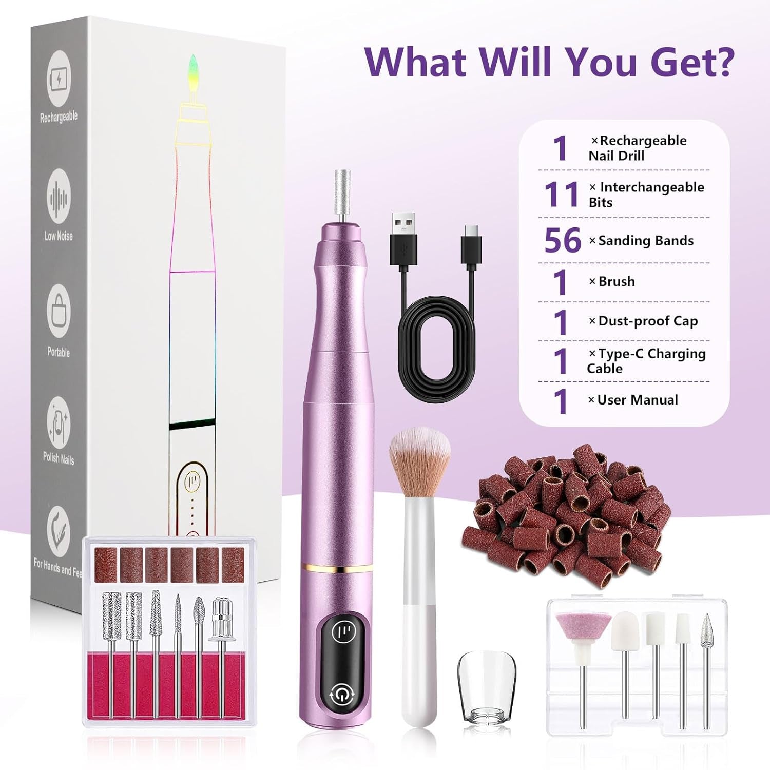 Box contents: nail drill, 11 interchangeable bits, 56 sanding bands, cleaning brush, dust-proof cap, Type-C charging cable and user manual