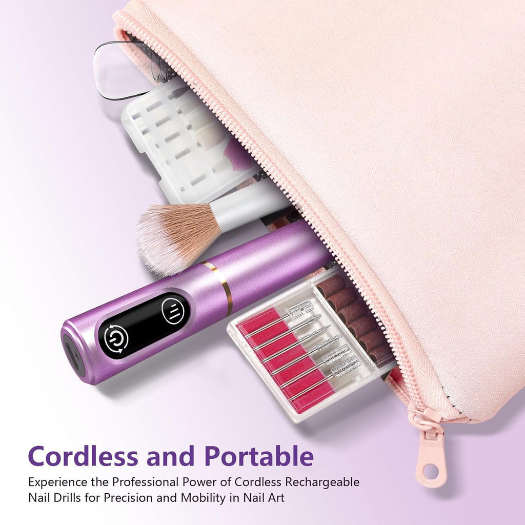 The drill, cleaning brush, dust-proof cap and bit case tucked inside a pink zip pouch