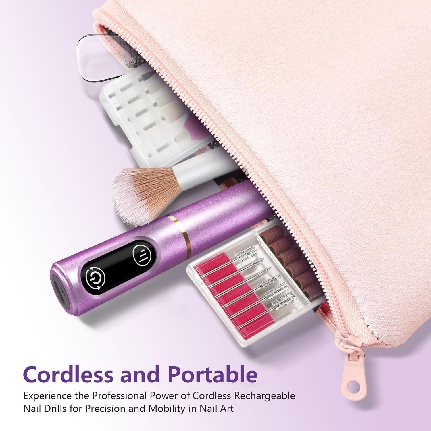 The drill, cleaning brush, dust-proof cap and bit case tucked inside a pink zip pouch