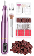 The full Finori nail drill kit: purple handpiece with LED display, dust-proof cap, cleaning brush, 11 drill bits and 56 sanding bands